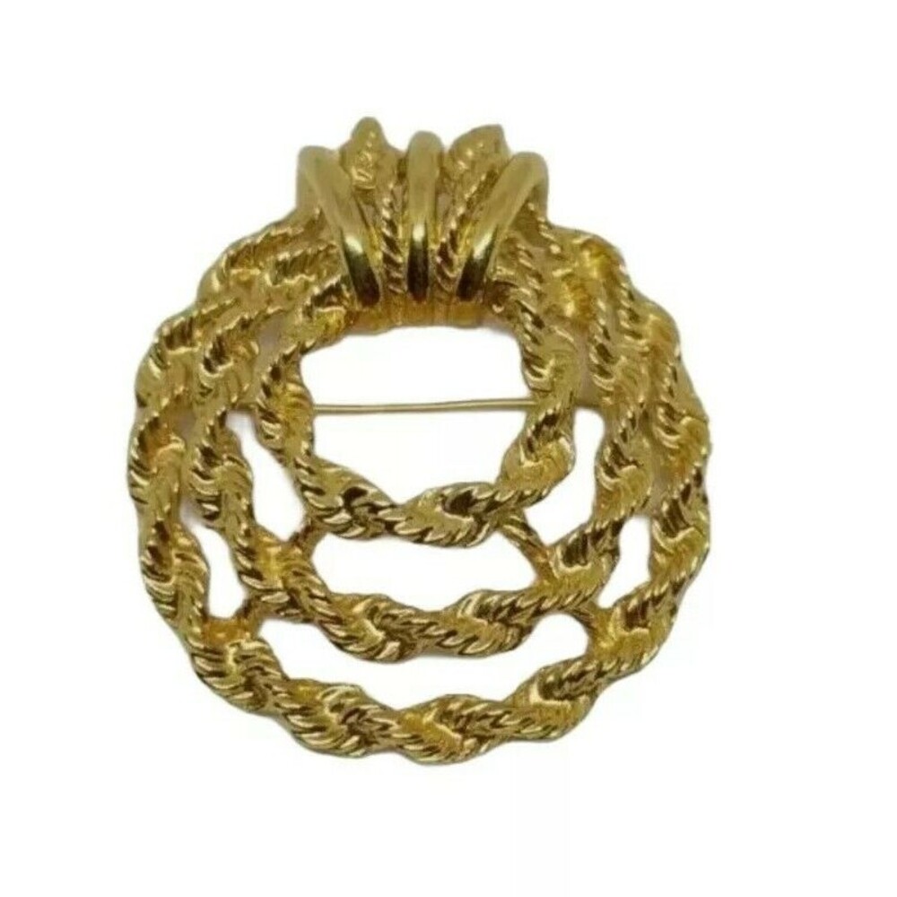 Monet Brooch Twisted Rope Circle Lapel Pin Gold Tone Wreath Signed Vintage